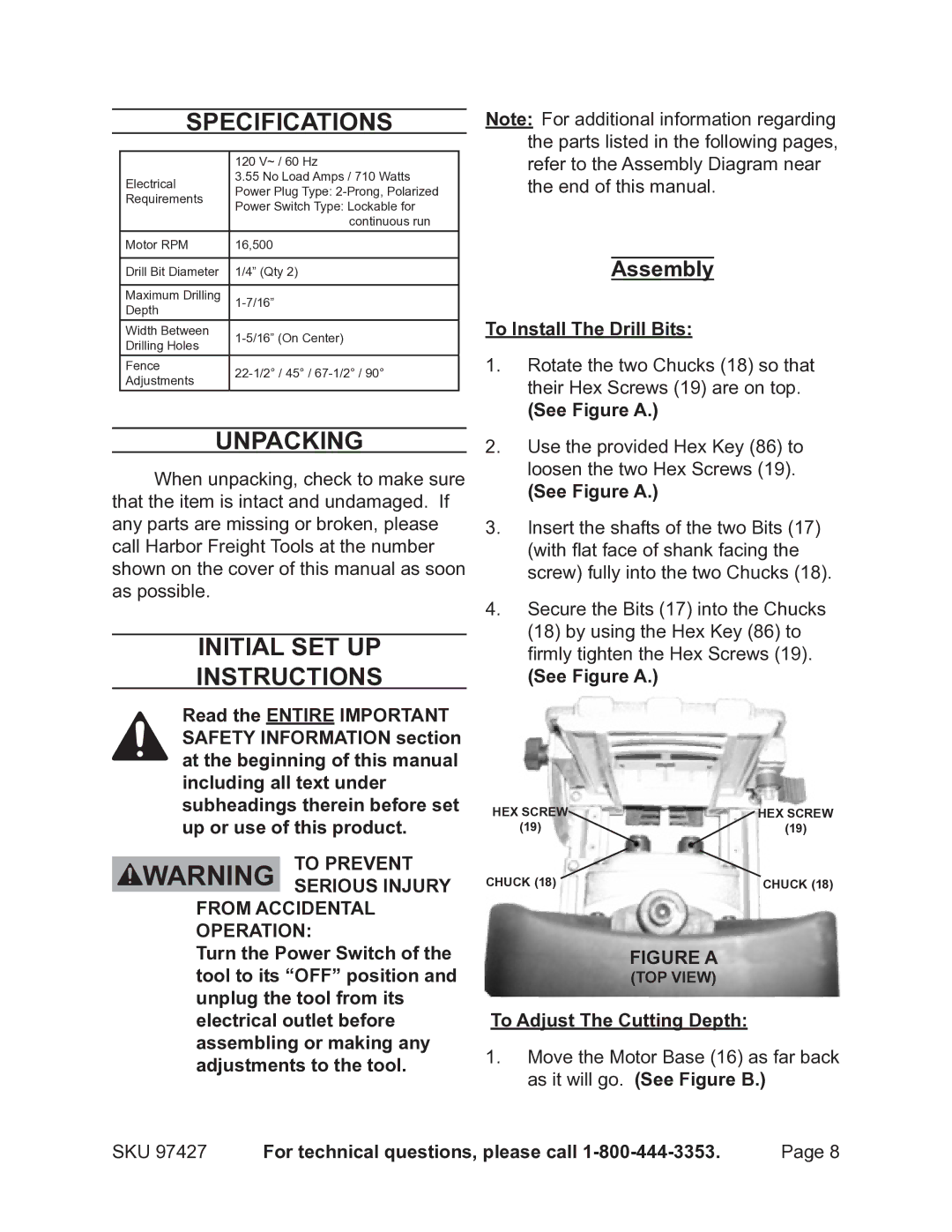 Chicago Electric 97427 operating instructions Specifications, Unpacking, Initial Set Up Instructions, Assembly 