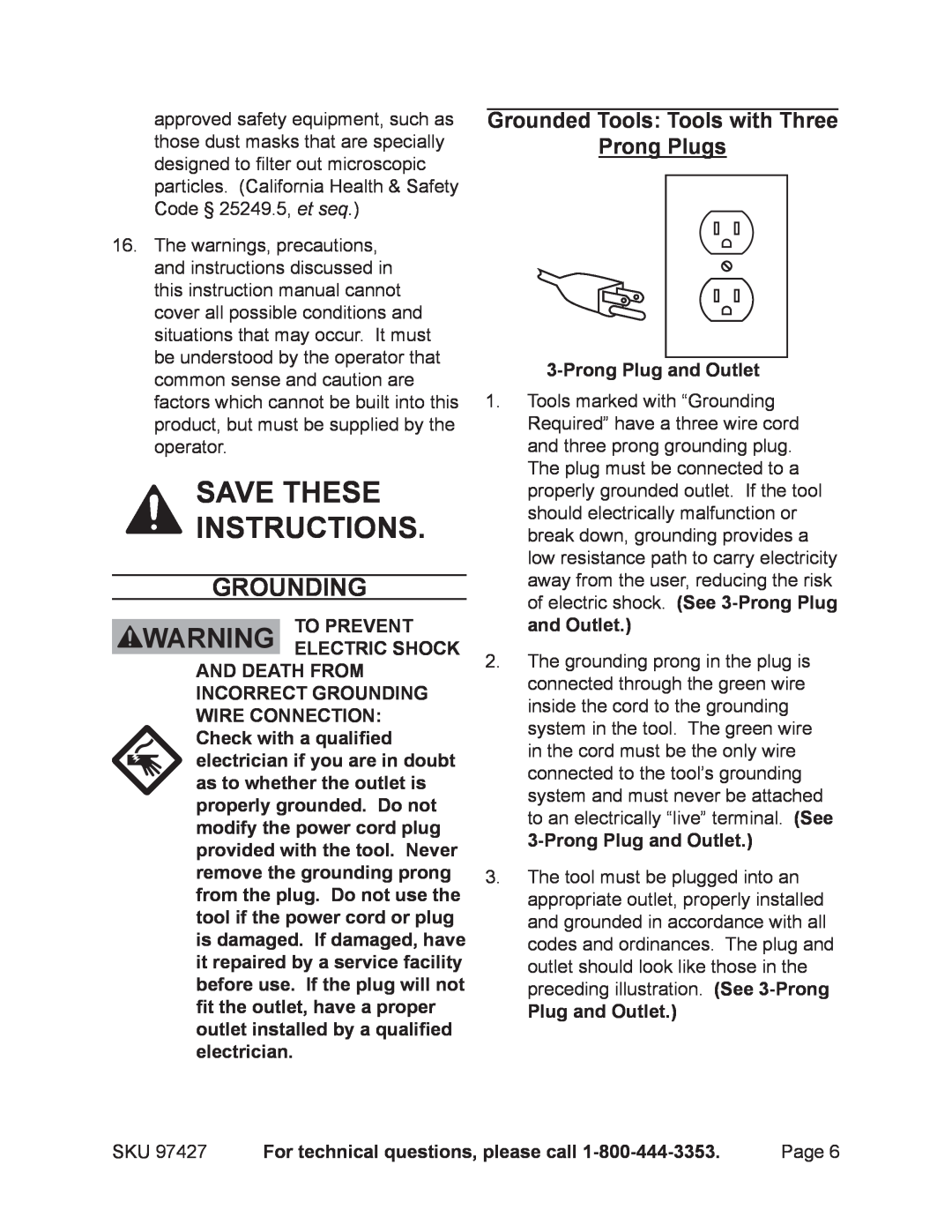 Chicago Electric 97427 Save these instructions, Grounding, Grounded Tools Tools with Three Prong Plugs, Plug and Outlet 