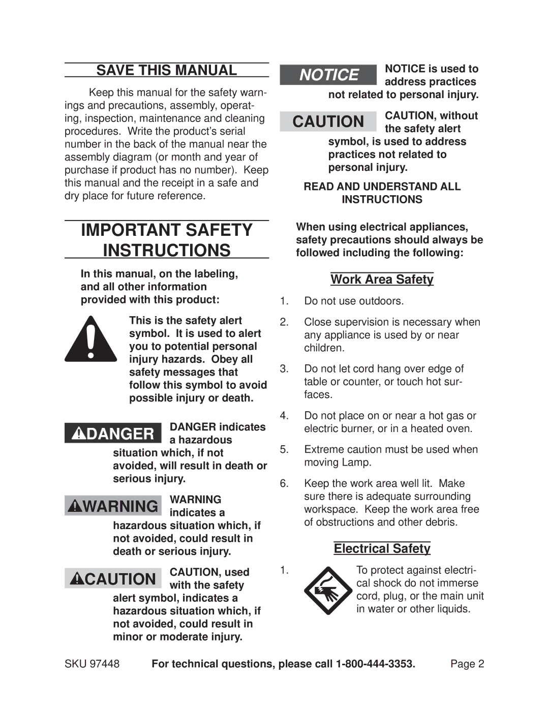 Chicago Electric 97448 manual Save This Manual, Work Area Safety, Electrical Safety, For technical questions, please call 