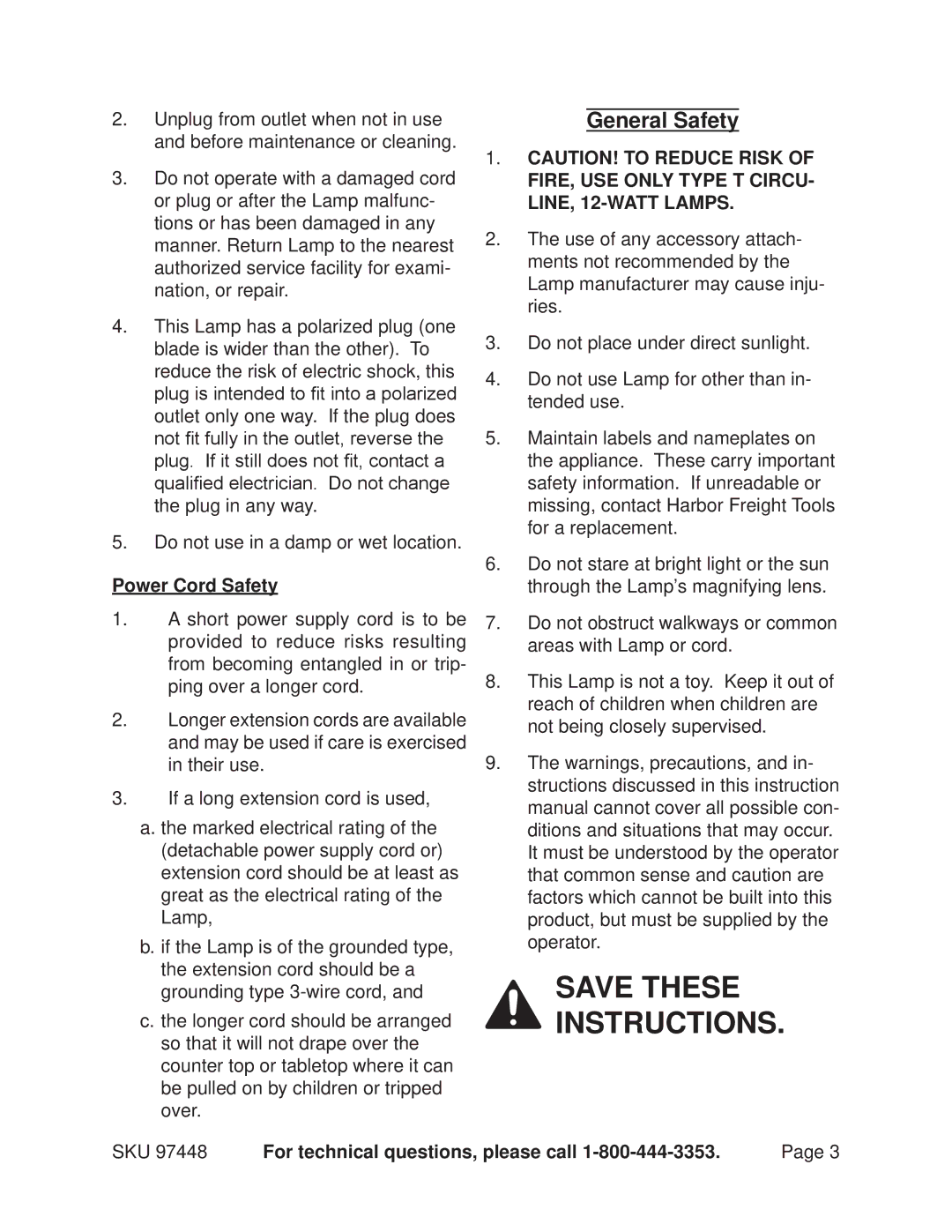 Chicago Electric 97448 manual General Safety, Power Cord Safety 