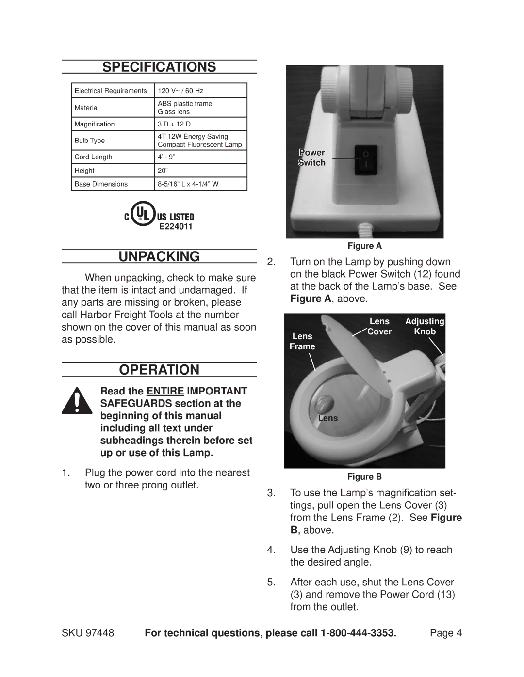 Chicago Electric 97448 manual Specifications, Unpacking, Operation 