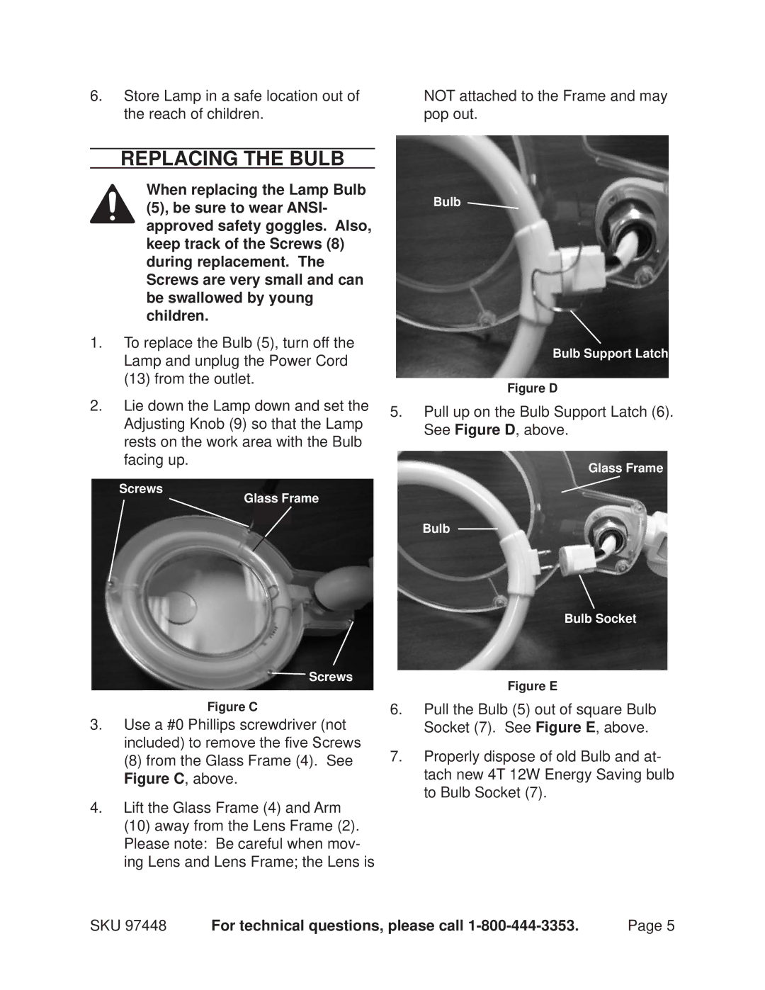 Chicago Electric 97448 manual Replacing the Bulb, Figure D 