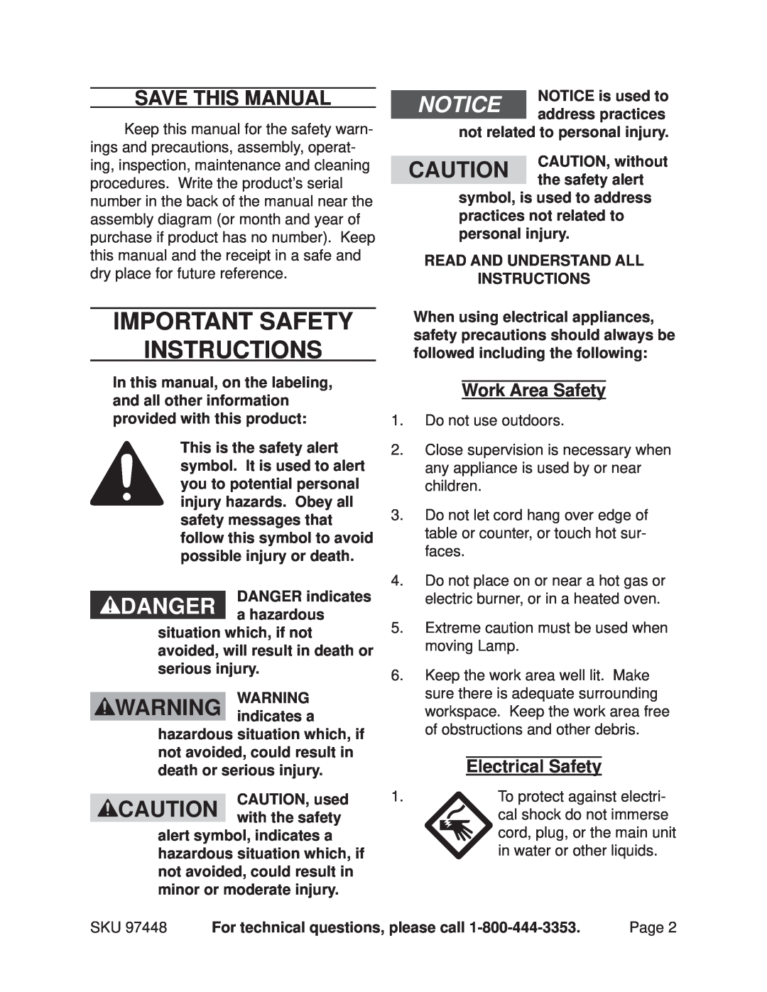 Chicago Electric 97448 Important Safety Instructions, Save This Manual, Work Area Safety, Electrical Safety, a hazardous 