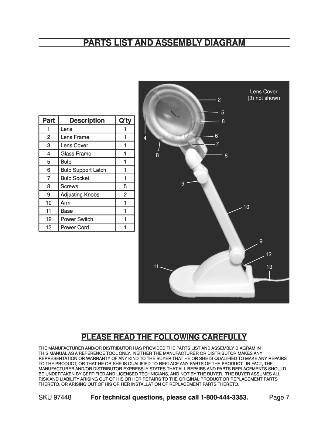 Chicago Electric 97448 Parts List And Assembly Diagram, Please Read The Following Carefully, Description, Q’ty, Lens Cover 