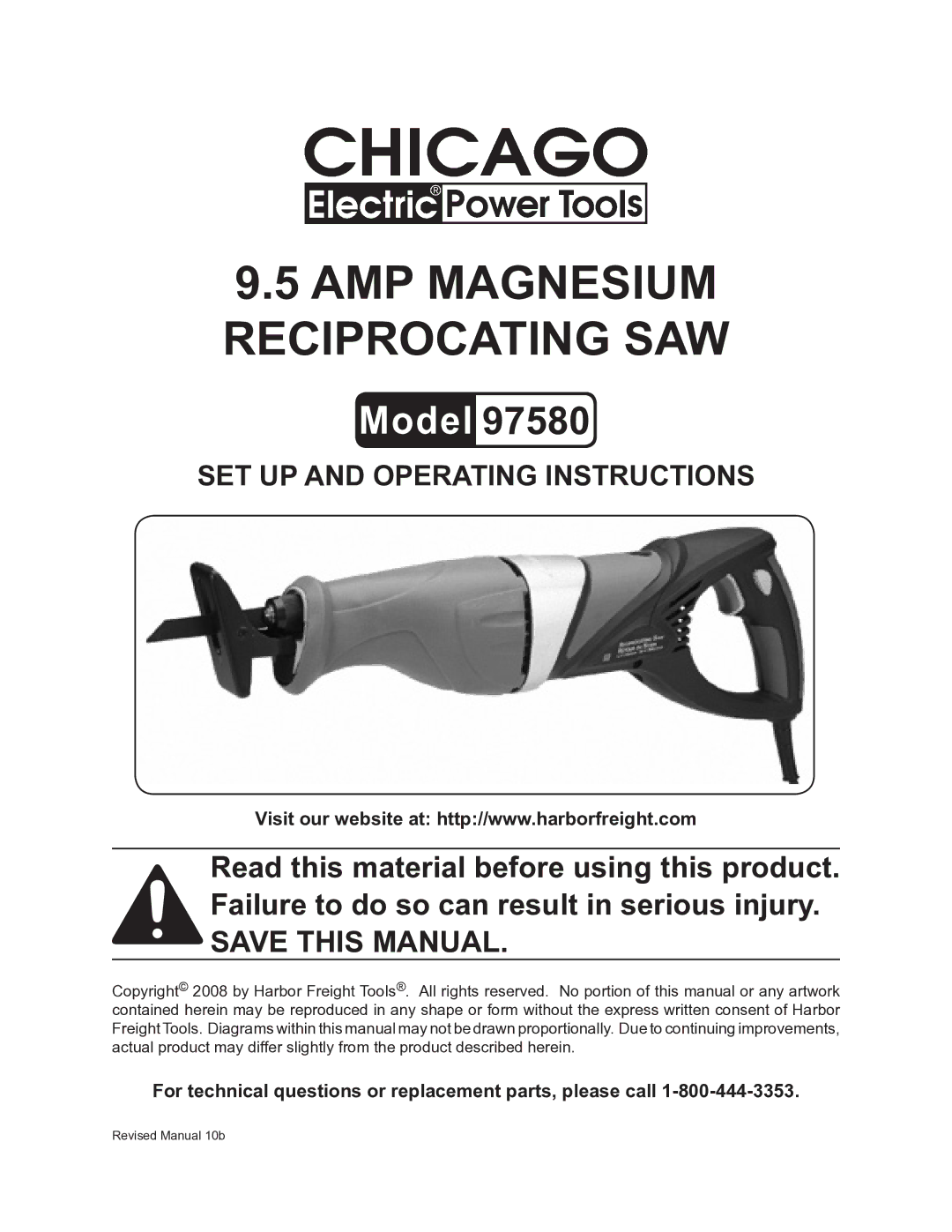 Chicago Electric 97580 operating instructions AMP Magnesium Reciprocating SAW 