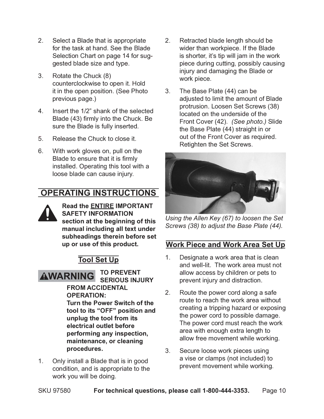 Chicago Electric 97580 operating instructions Operating Instructions, Tool Set Up, Work Piece and Work Area Set Up 