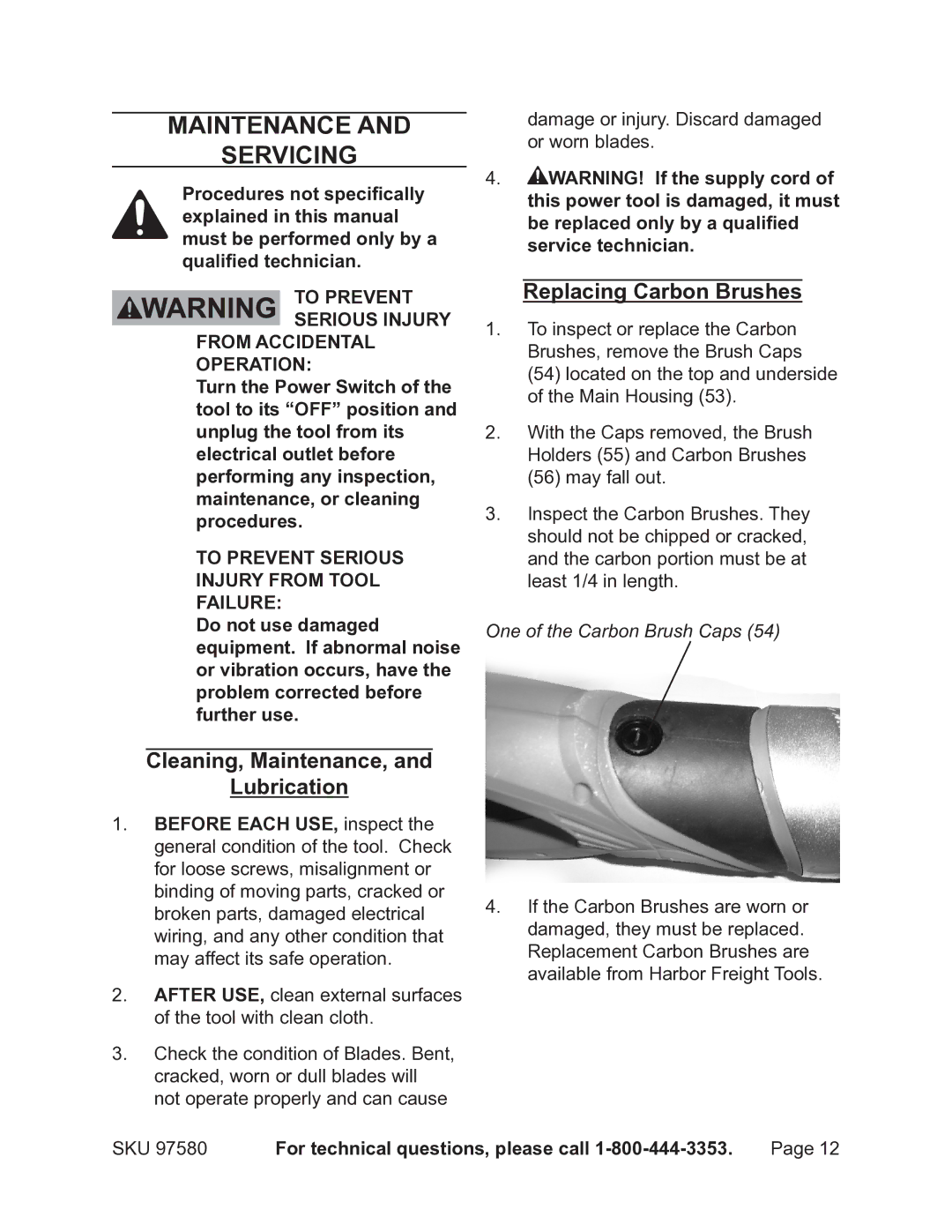 Chicago Electric 97580 Maintenance Servicing, Cleaning, Maintenance, Lubrication, Replacing Carbon Brushes 