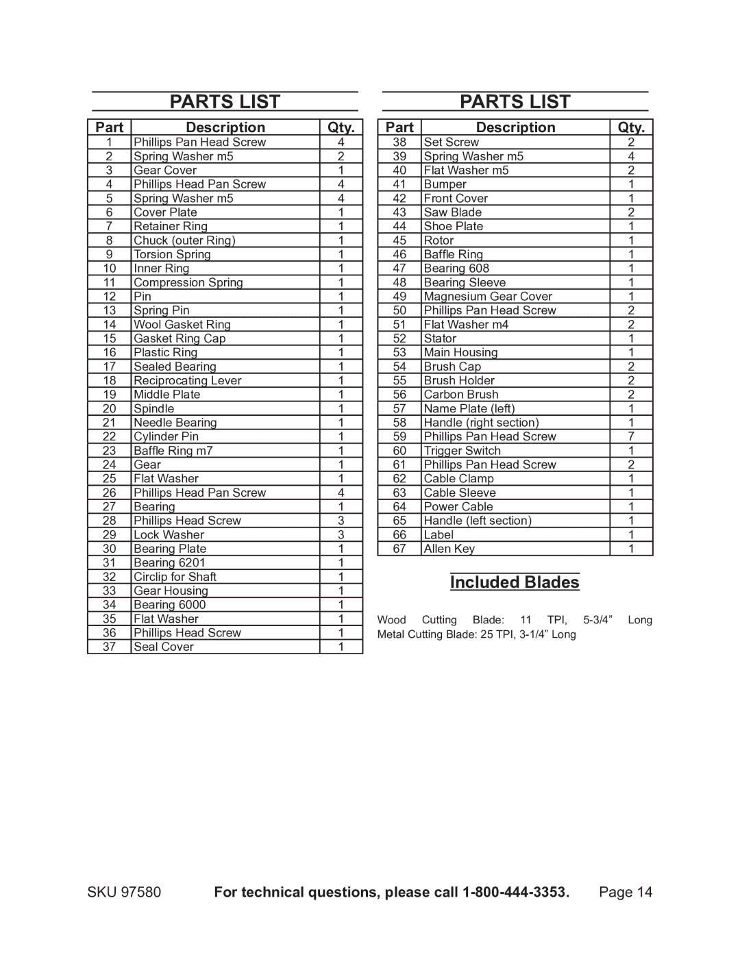 Chicago Electric 97580 operating instructions Parts List, Included Blades 