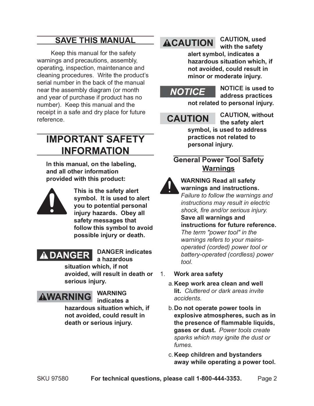 Chicago Electric 97580 operating instructions Save this Manual, General Power Tool Safety 