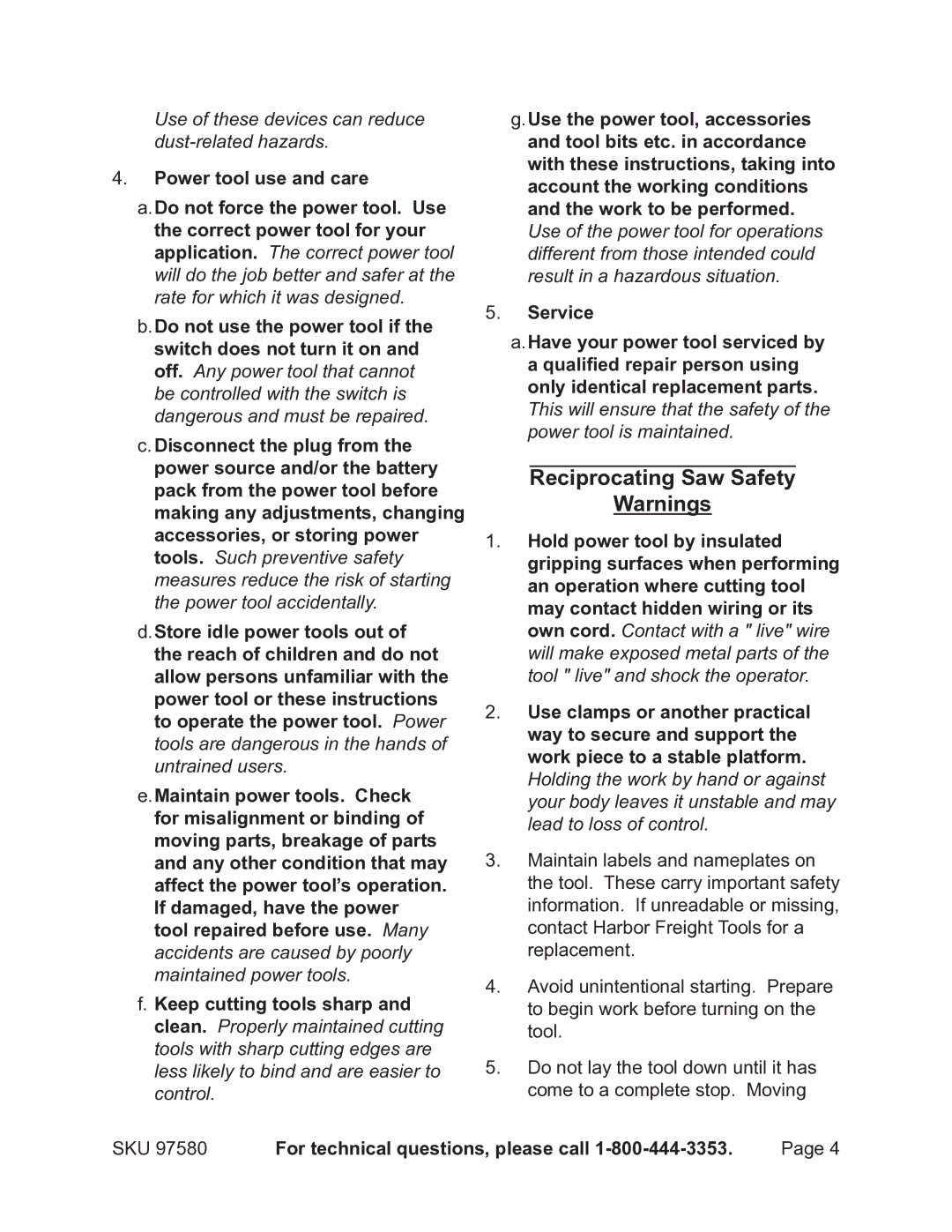 Chicago Electric 97580 operating instructions Reciprocating Saw Safety 