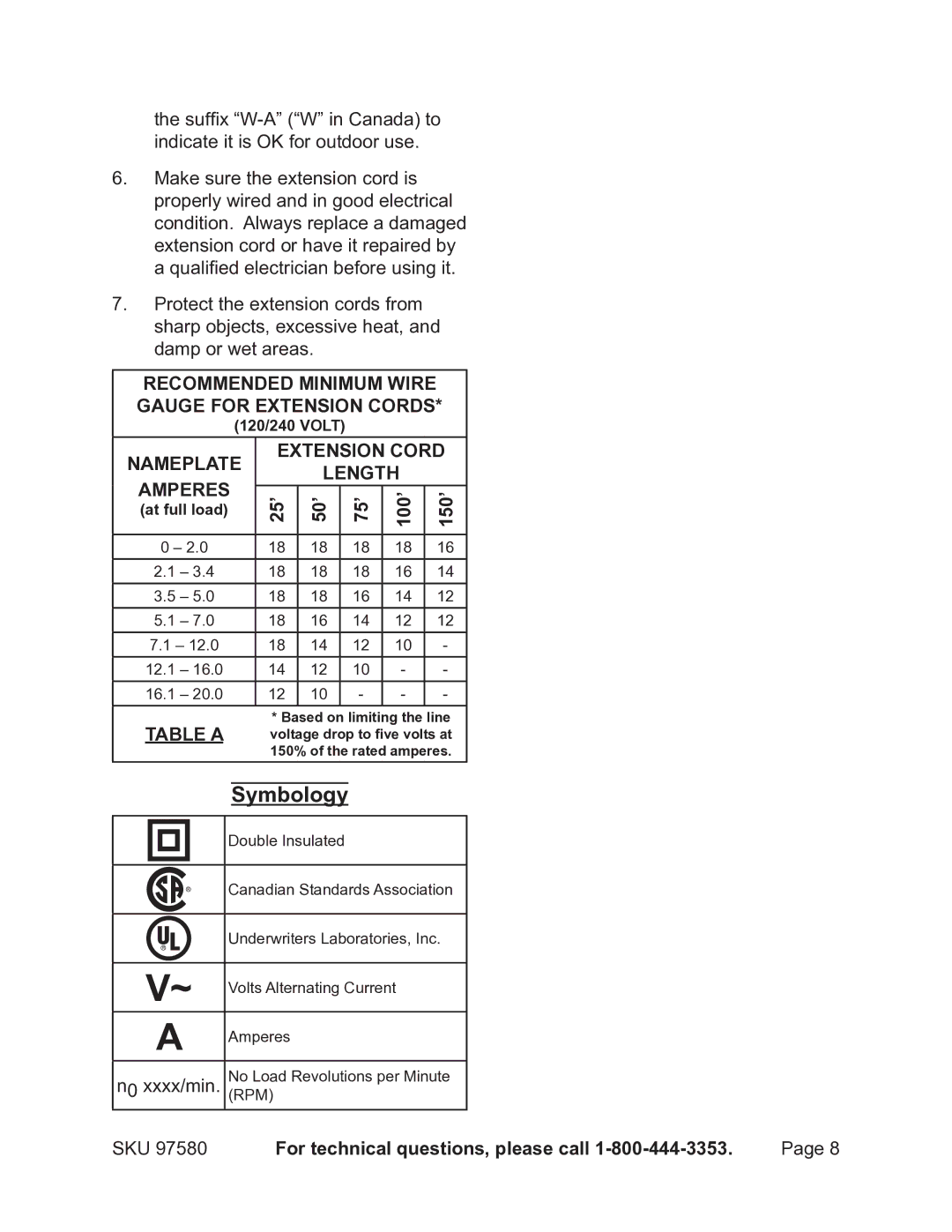 Chicago Electric 97580 Symbology, Recommended Minimum Wire Gauge for Extension Cords, Nameplate Amperes 