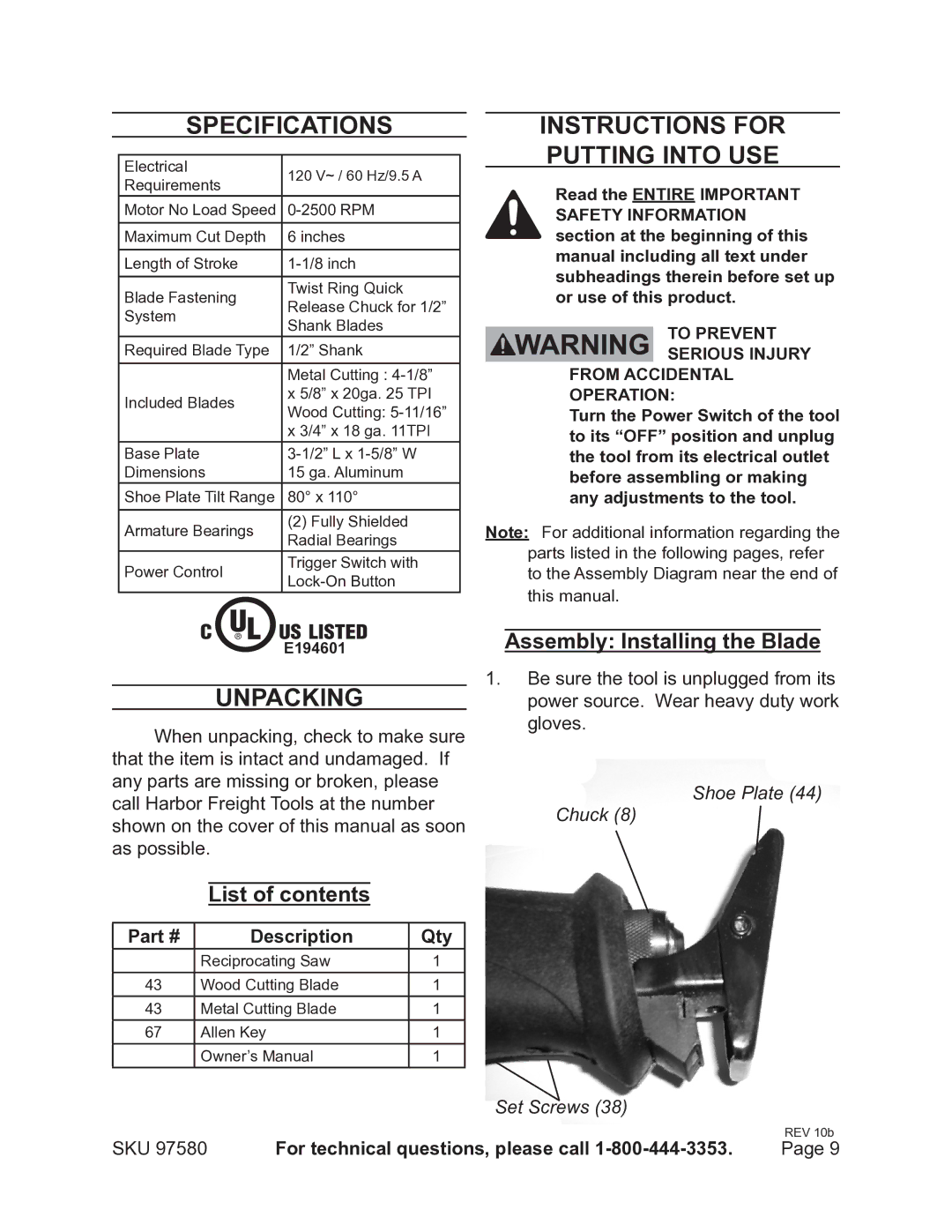 Chicago Electric 97580 Specifications, Unpacking, Instructions for Putting Into USE, List of contents 