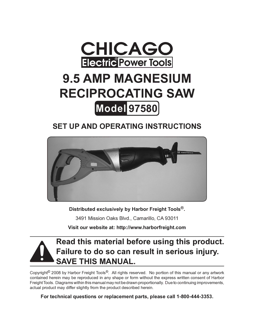 Chicago Electric 97580 operating instructions Distributed exclusively by Harbor Freight Tools 