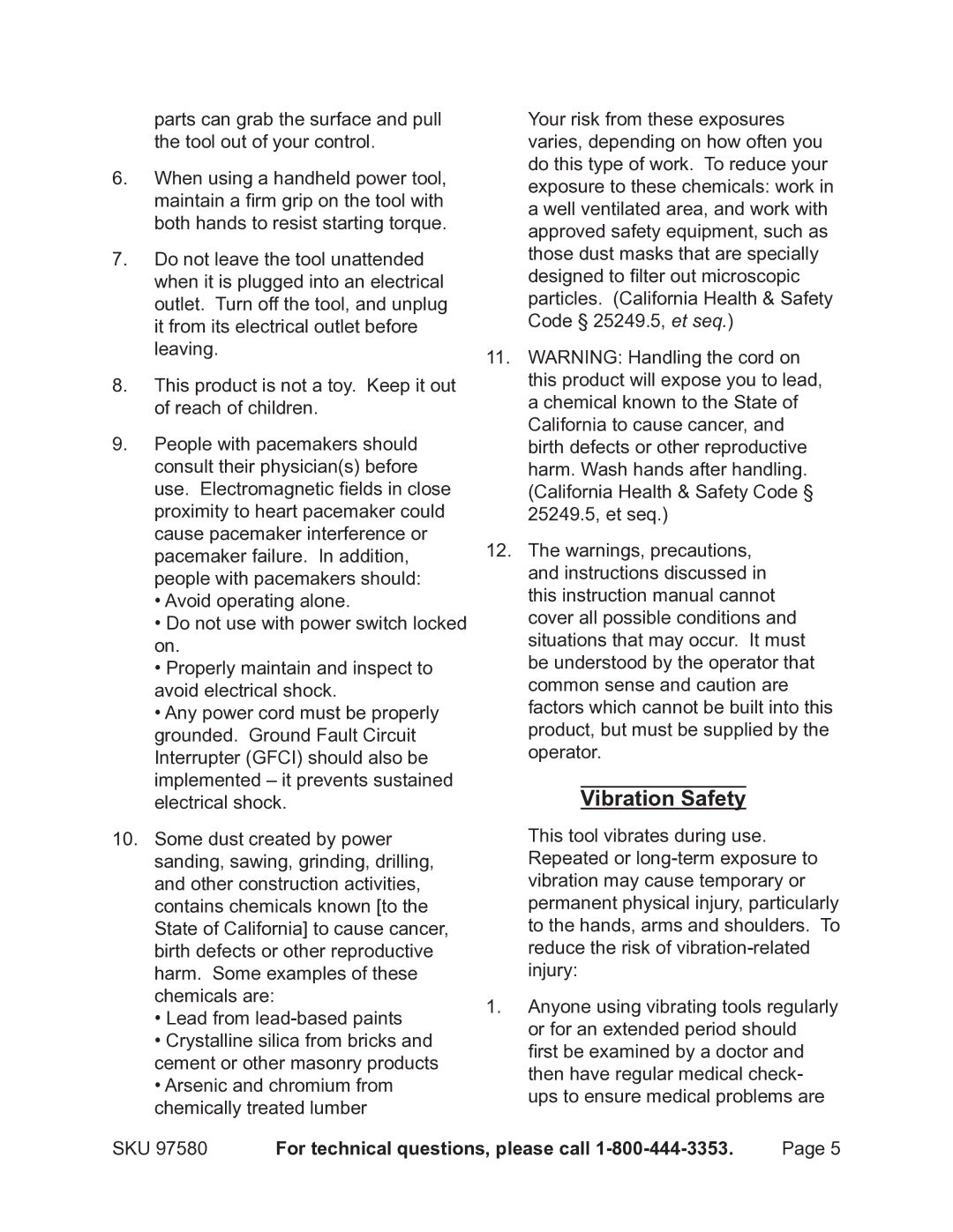 Chicago Electric 97580 operating instructions Vibration Safety 