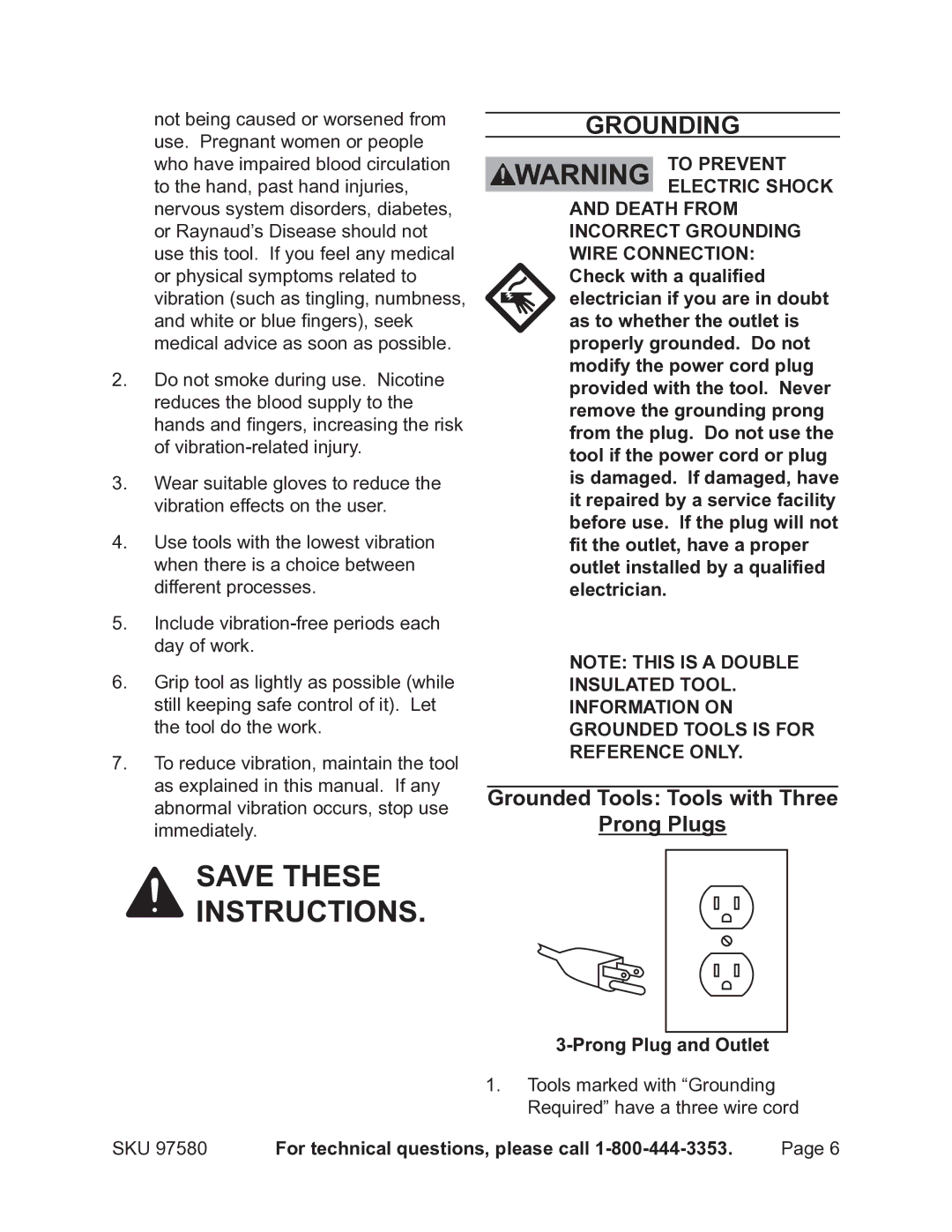 Chicago Electric 97580 operating instructions Grounding, Grounded Tools Tools with Three Prong Plugs 