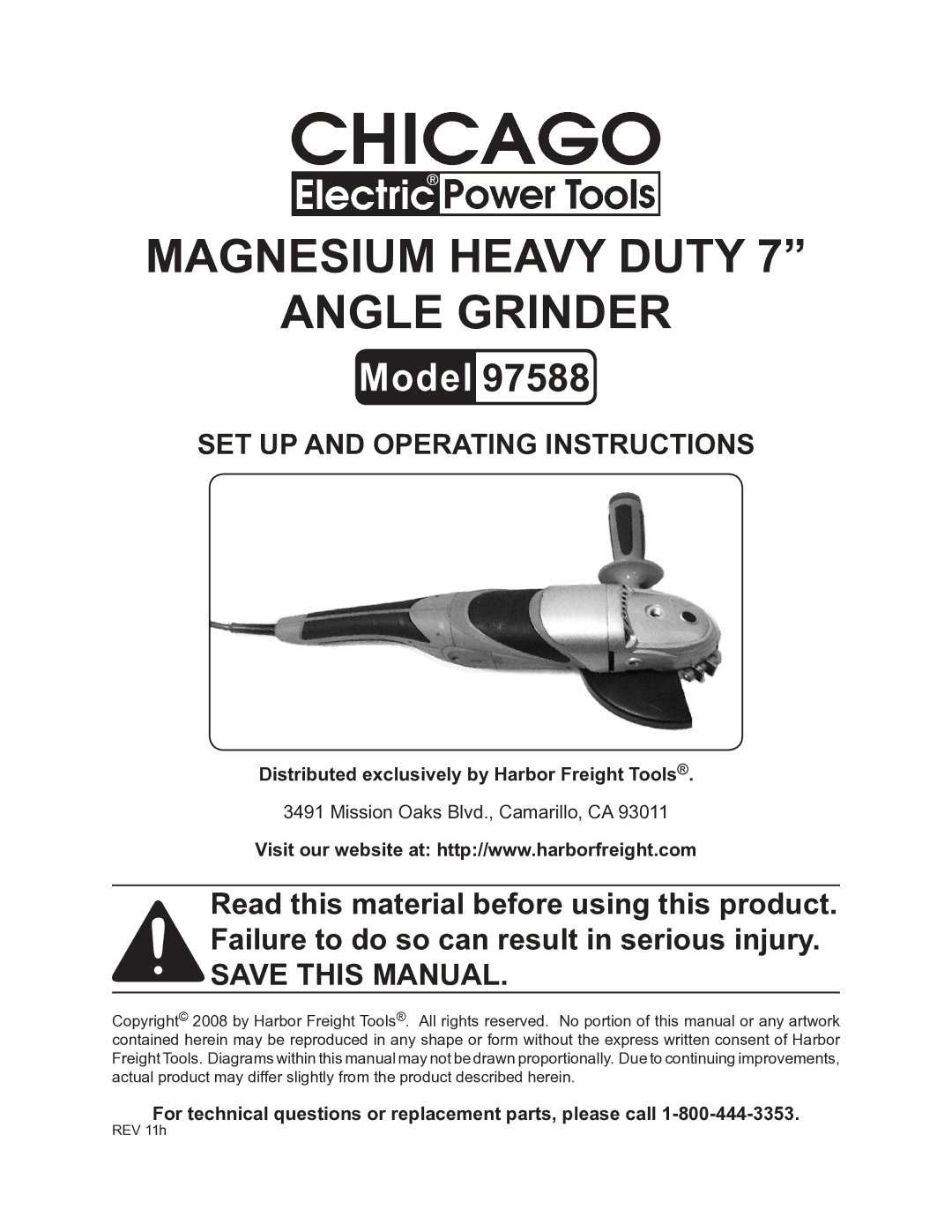 Chicago Electric 97588 operating instructions Distributed exclusively by Harbor Freight Tools 