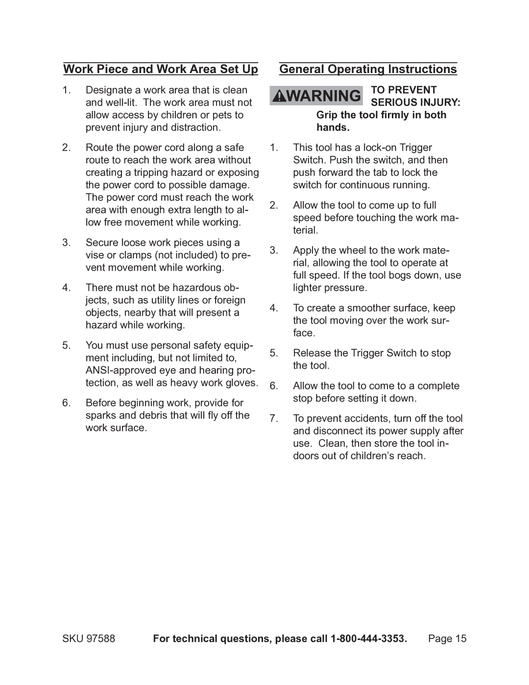 Chicago Electric 97588 operating instructions Work Piece and Work Area Set Up, General Operating Instructions 