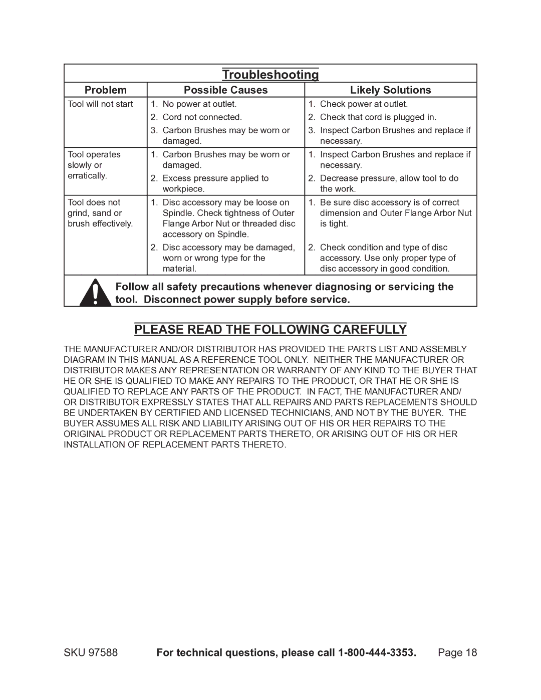 Chicago Electric 97588 operating instructions Troubleshooting, Problem Possible Causes Likely Solutions 