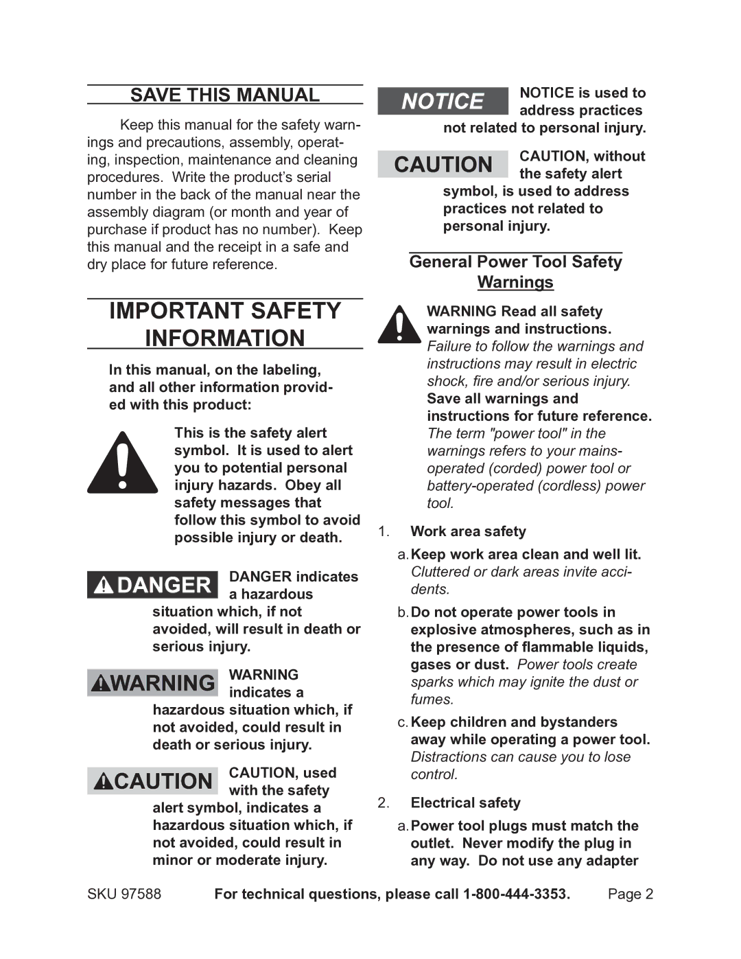 Chicago Electric 97588 Save This Manual, General Power Tool Safety, For technical questions, please call 