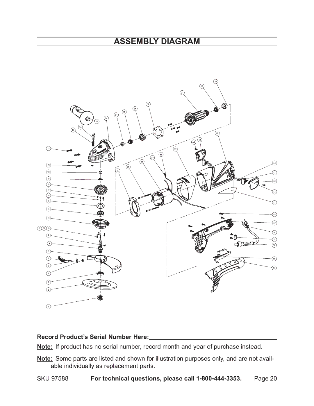 Chicago Electric 97588 operating instructions Assembly Diagram, Record Product’s Serial Number Here 