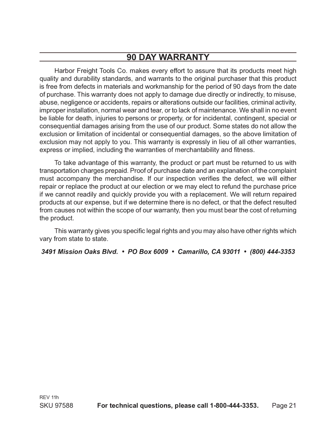 Chicago Electric 97588 operating instructions Day warranty 