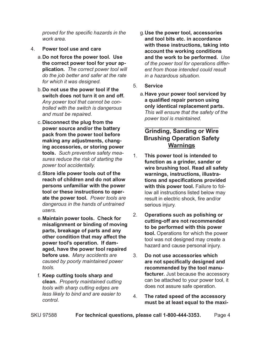 Chicago Electric 97588 operating instructions Grinding, Sanding or Wire Brushing Operation Safety Warnings 