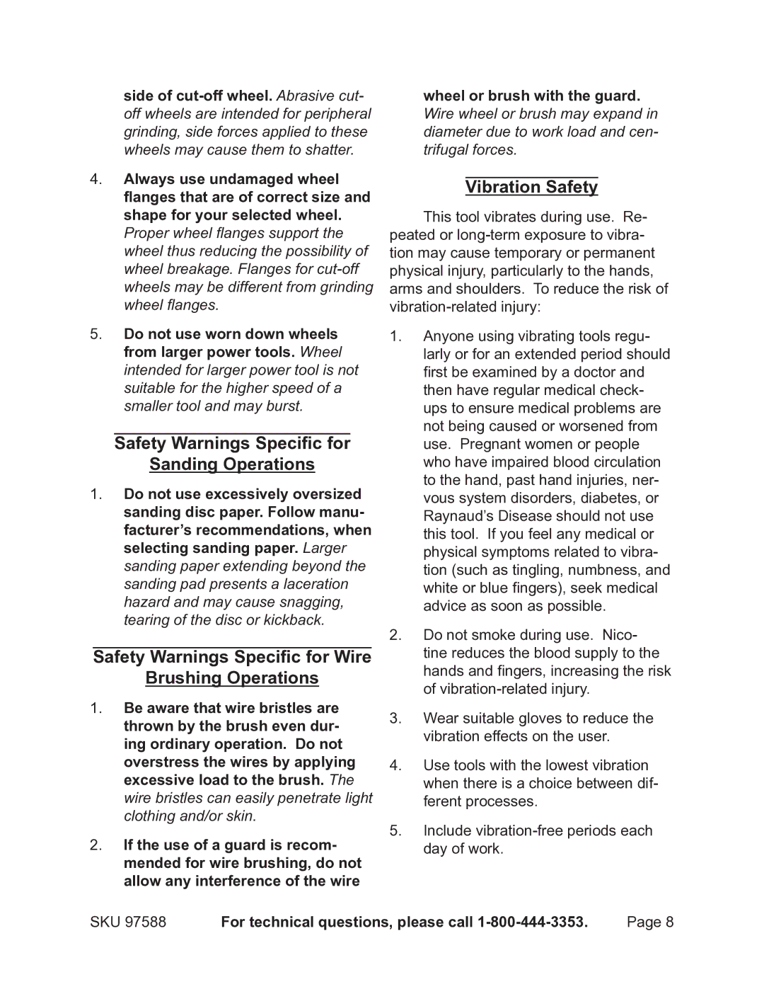 Chicago Electric 97588 operating instructions Safety Warnings Specific for Sanding Operations, Vibration Safety 