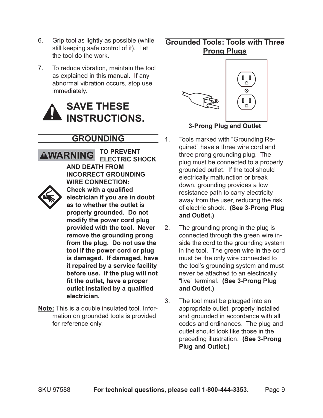 Chicago Electric 97588 operating instructions Grounding, Grounded Tools Tools with Three Prong Plugs, Plug and Outlet 