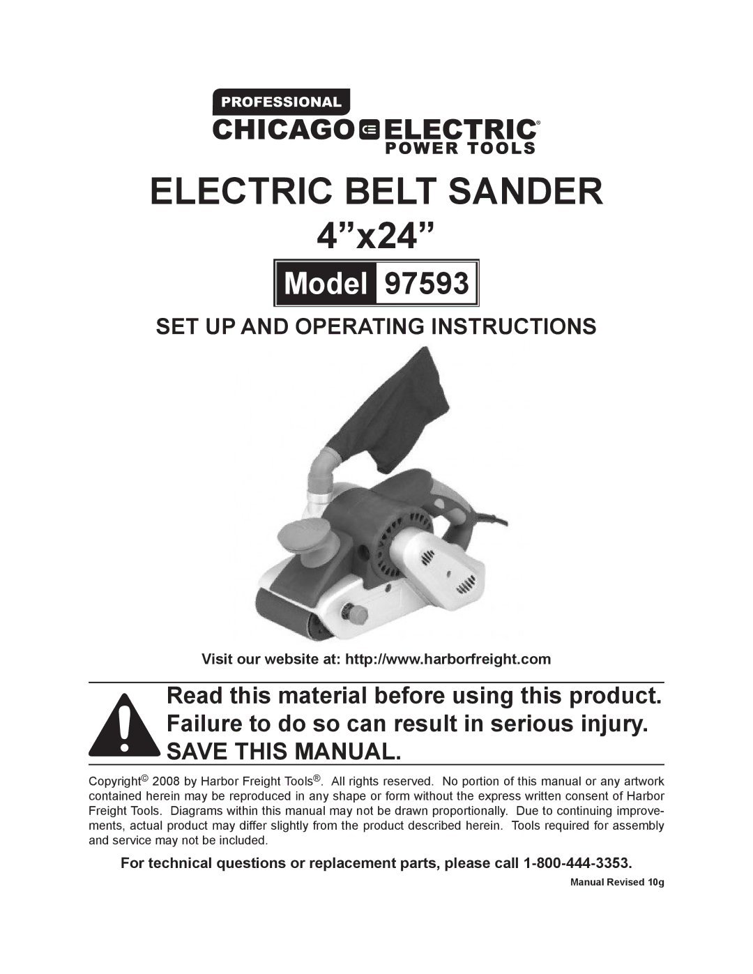 Chicago Electric 97593 operating instructions Electric belt sander 4x24 