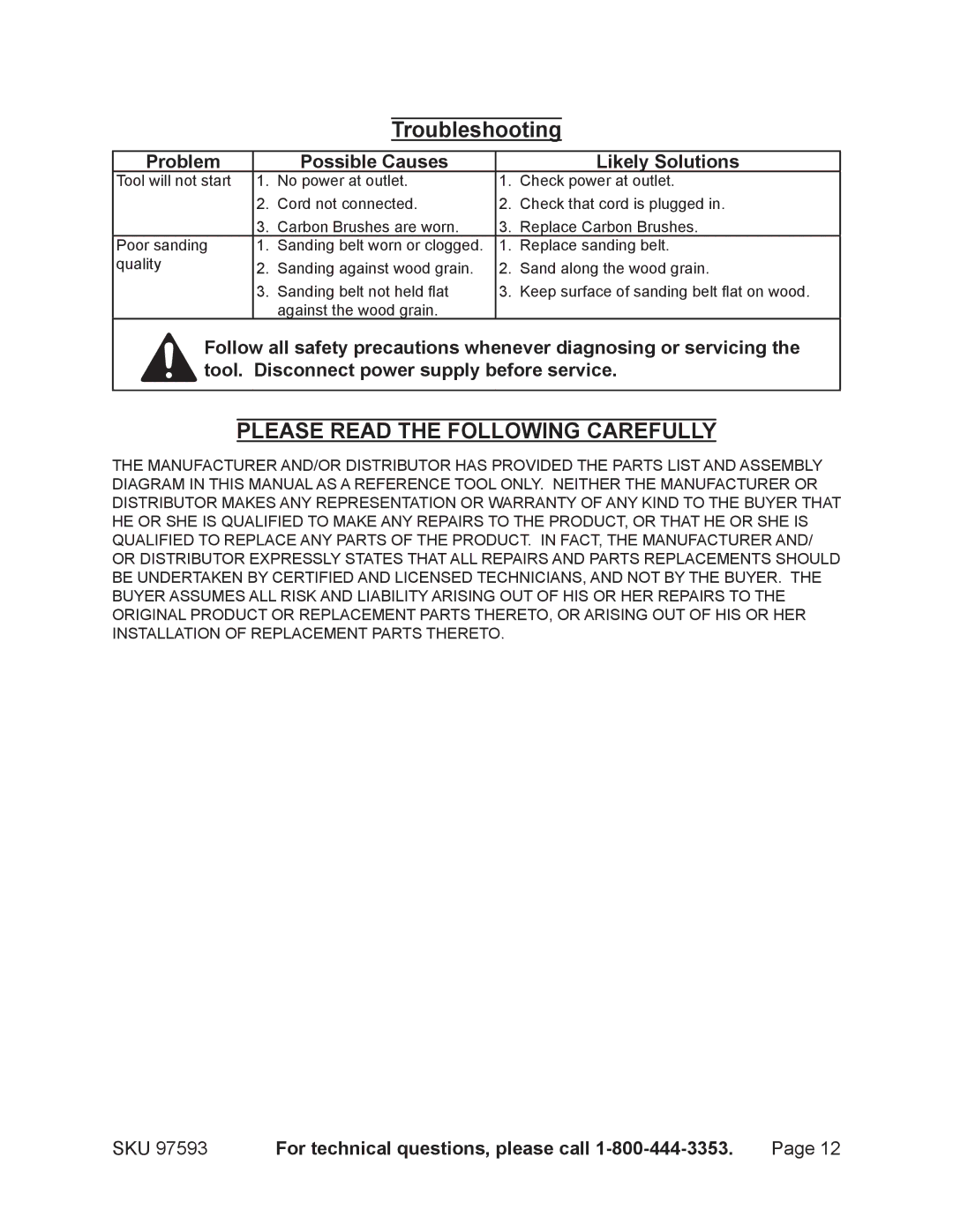 Chicago Electric 97593 operating instructions Troubleshooting, Problem Possible Causes Likely Solutions 