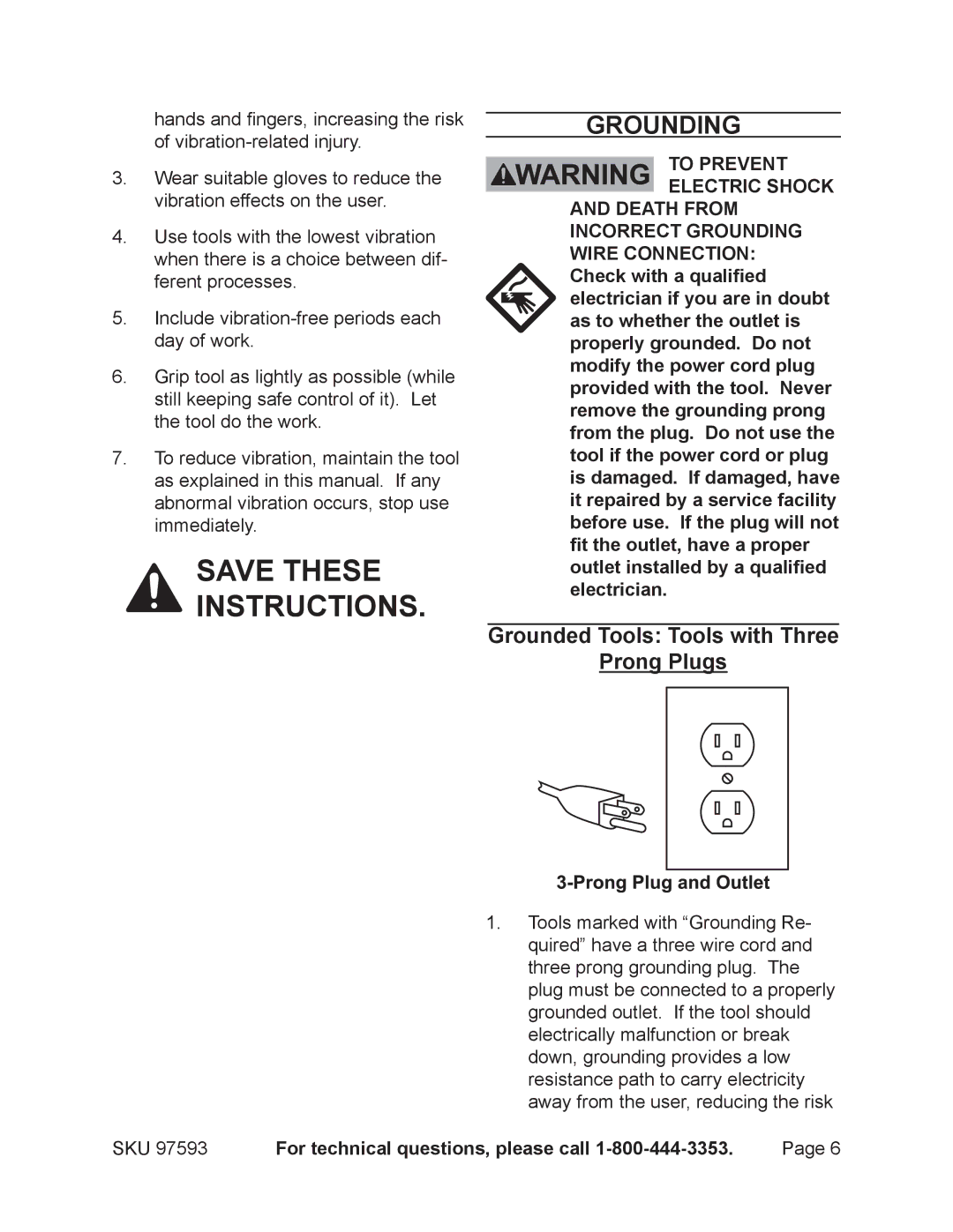 Chicago Electric 97593 operating instructions Grounding, Grounded Tools Tools with Three Prong Plugs 