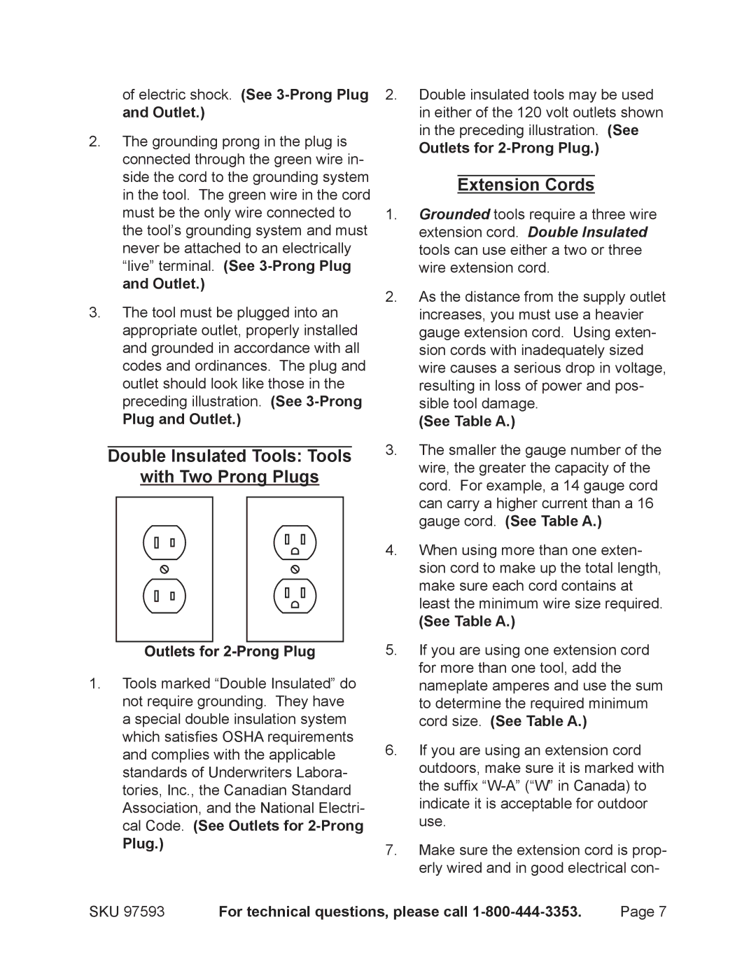 Chicago Electric 97593 operating instructions Double Insulated Tools Tools With Two Prong Plugs, Extension Cords 