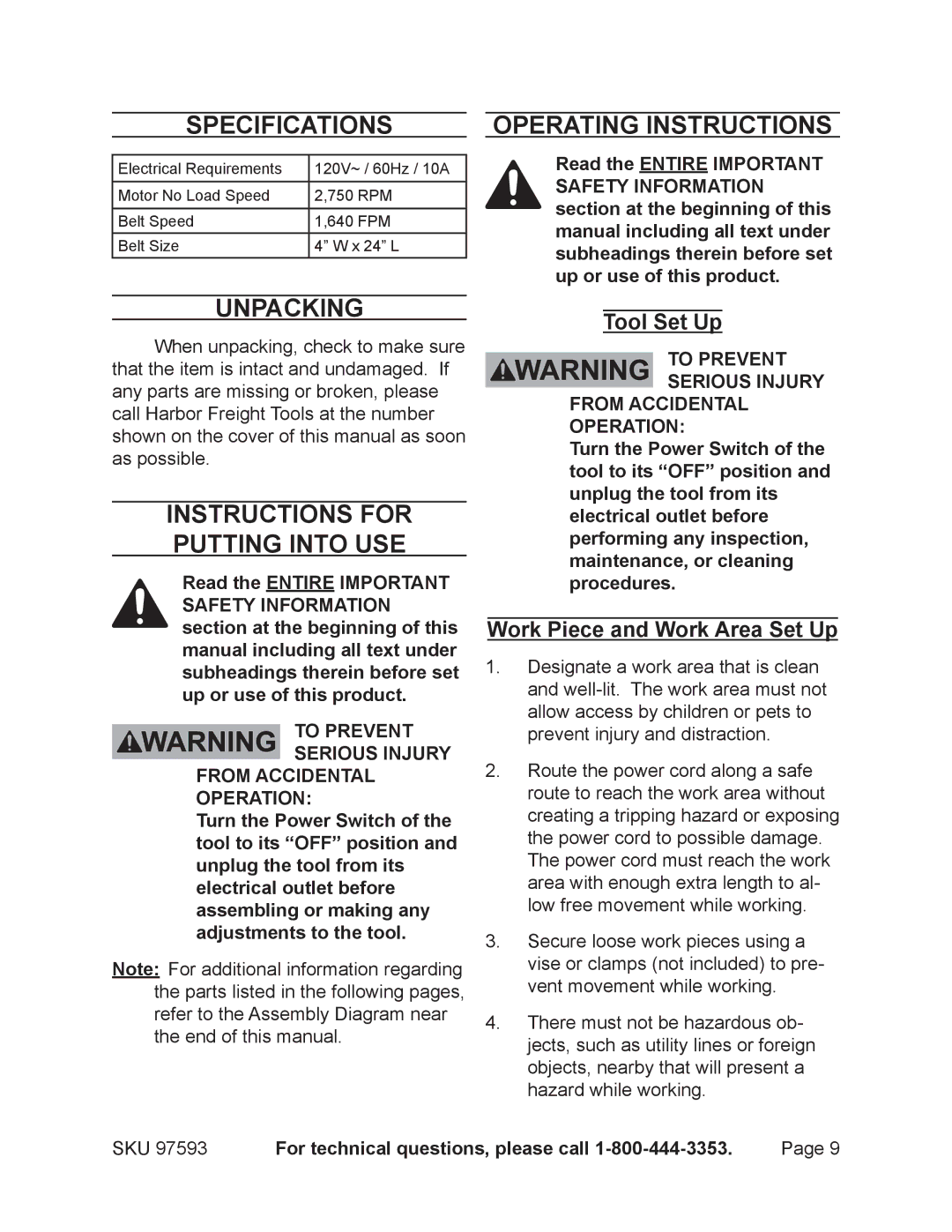 Chicago Electric 97593 Specifications, Unpacking, Instructions for putting into use, Operating Instructions 