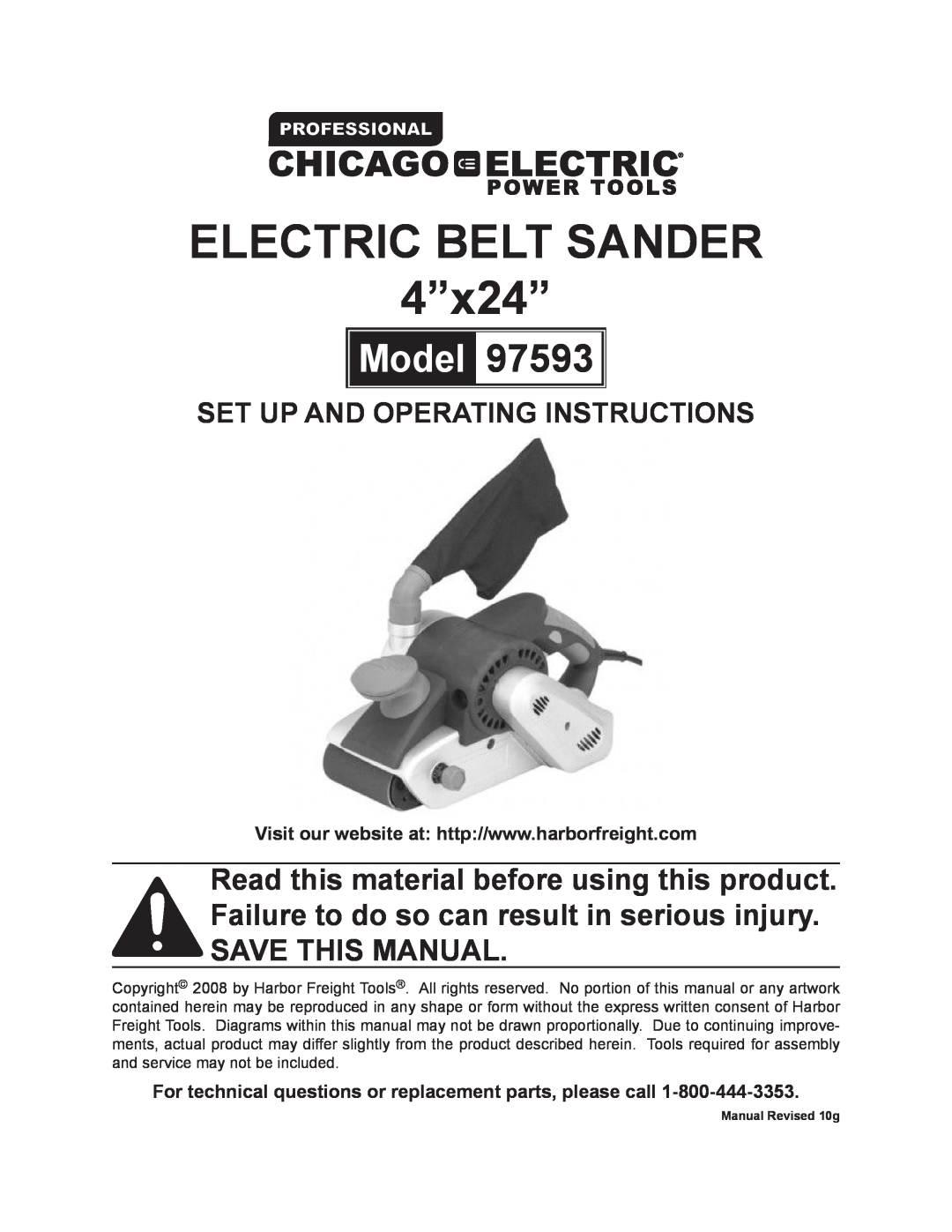 Chicago Electric 97593 operating instructions Electric belt sander 4”x24”, Model, Set up and Operating Instructions 
