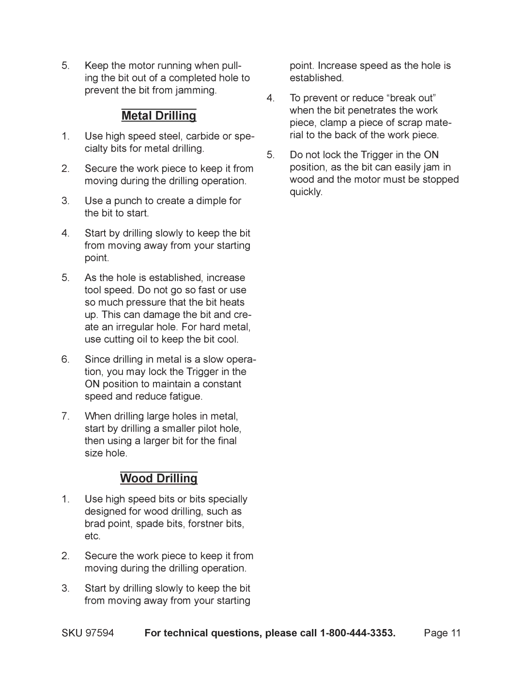 Chicago Electric 97594 operating instructions Metal Drilling, Wood Drilling 