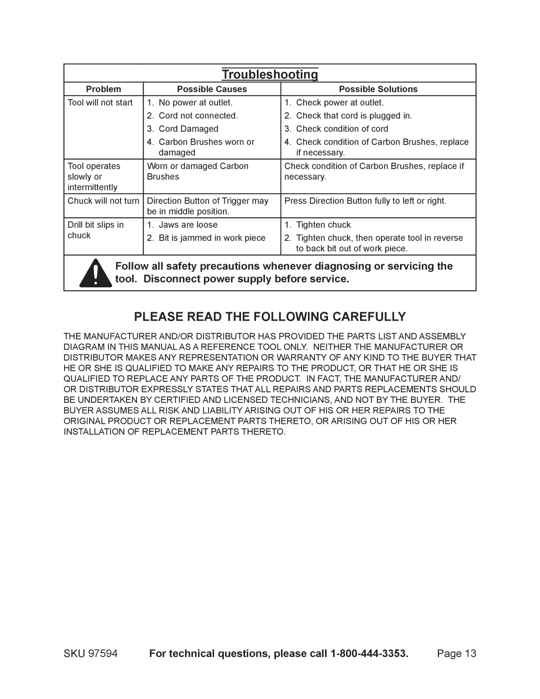 Chicago Electric 97594 operating instructions Troubleshooting, Problem Possible Causes Possible Solutions 