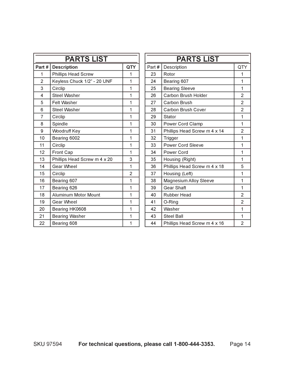 Chicago Electric 97594 operating instructions Parts List, Qty 