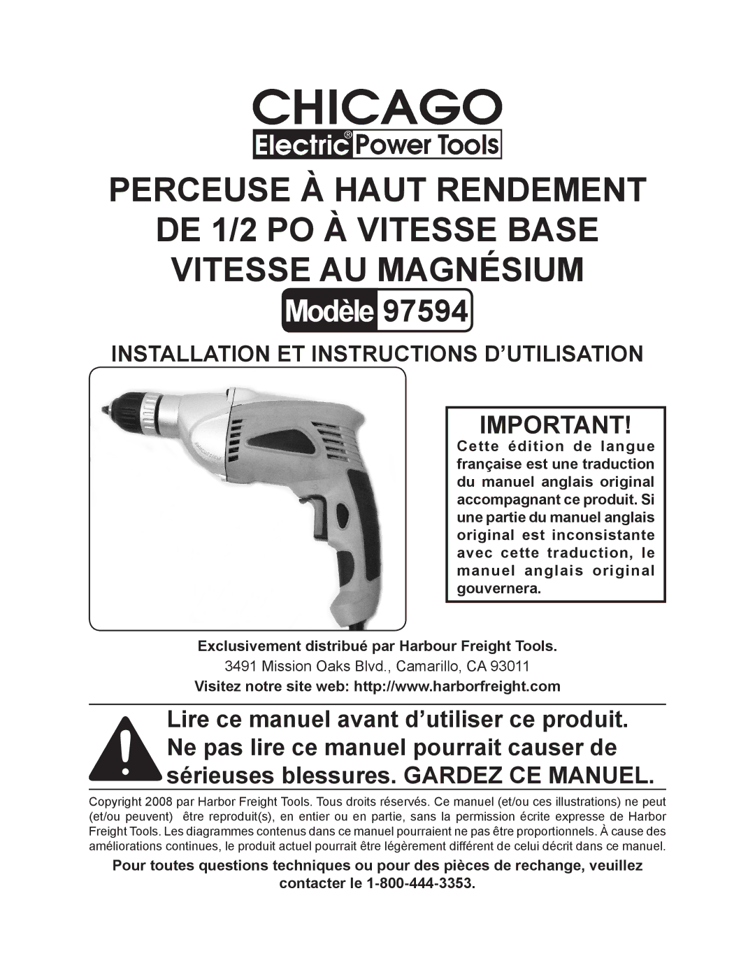 Chicago Electric 97594 operating instructions Perceuse À Haut Rendement 