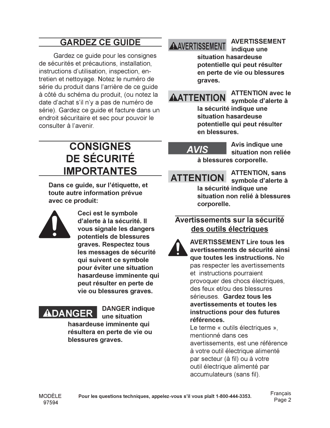 Chicago Electric 97594 operating instructions Gardez CE Guide, Avertissements sur la sécurité Des outils électriques 