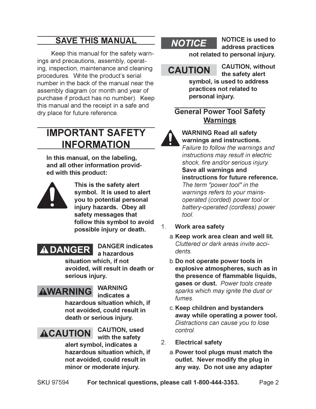 Chicago Electric 97594 operating instructions Save This Manual, General Power Tool Safety 