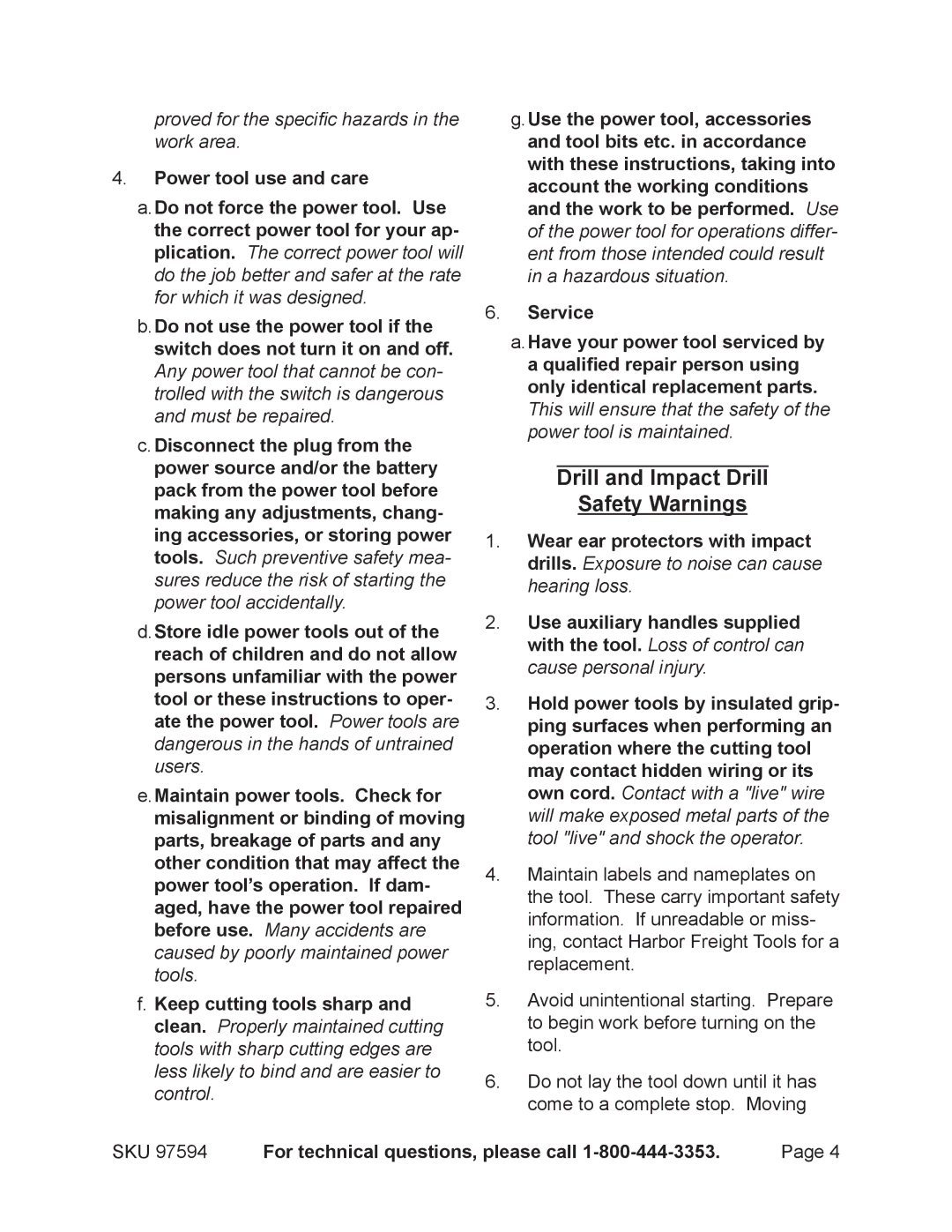 Chicago Electric 97594 operating instructions Drill and Impact Drill Safety Warnings 