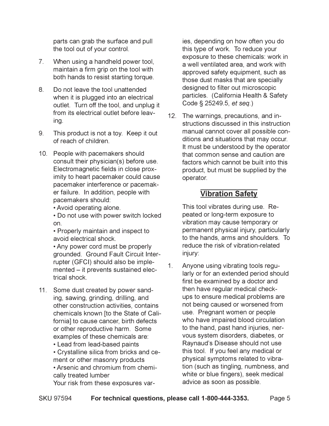 Chicago Electric 97594 operating instructions Vibration Safety 