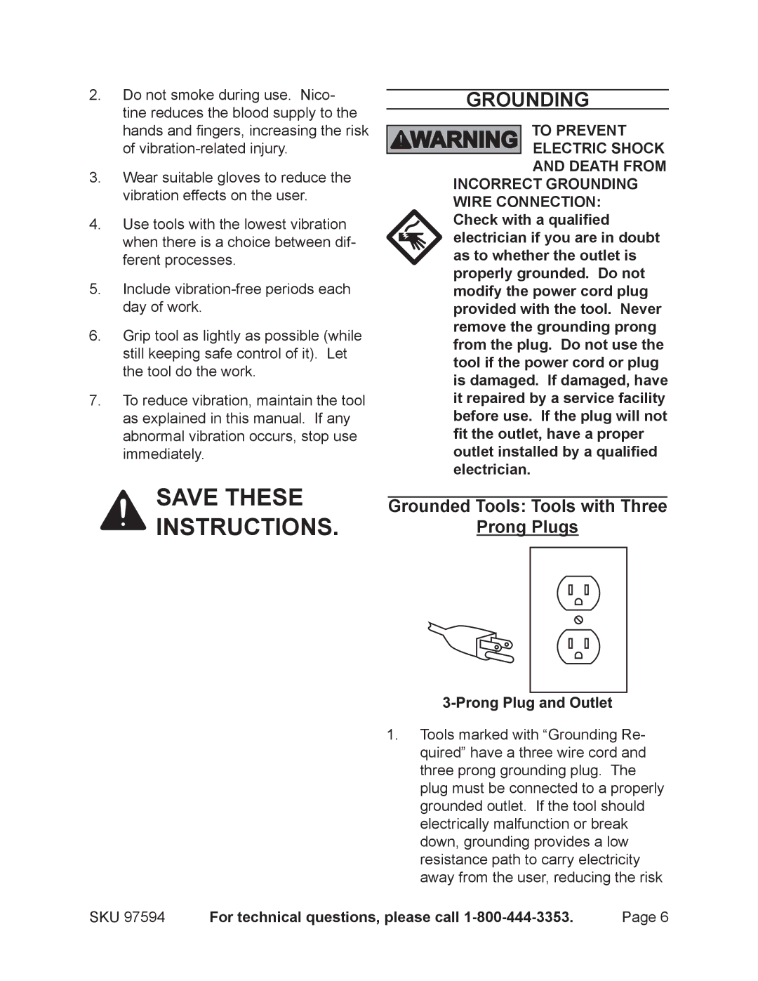 Chicago Electric 97594 operating instructions Grounding, Grounded Tools Tools with Three Prong Plugs 