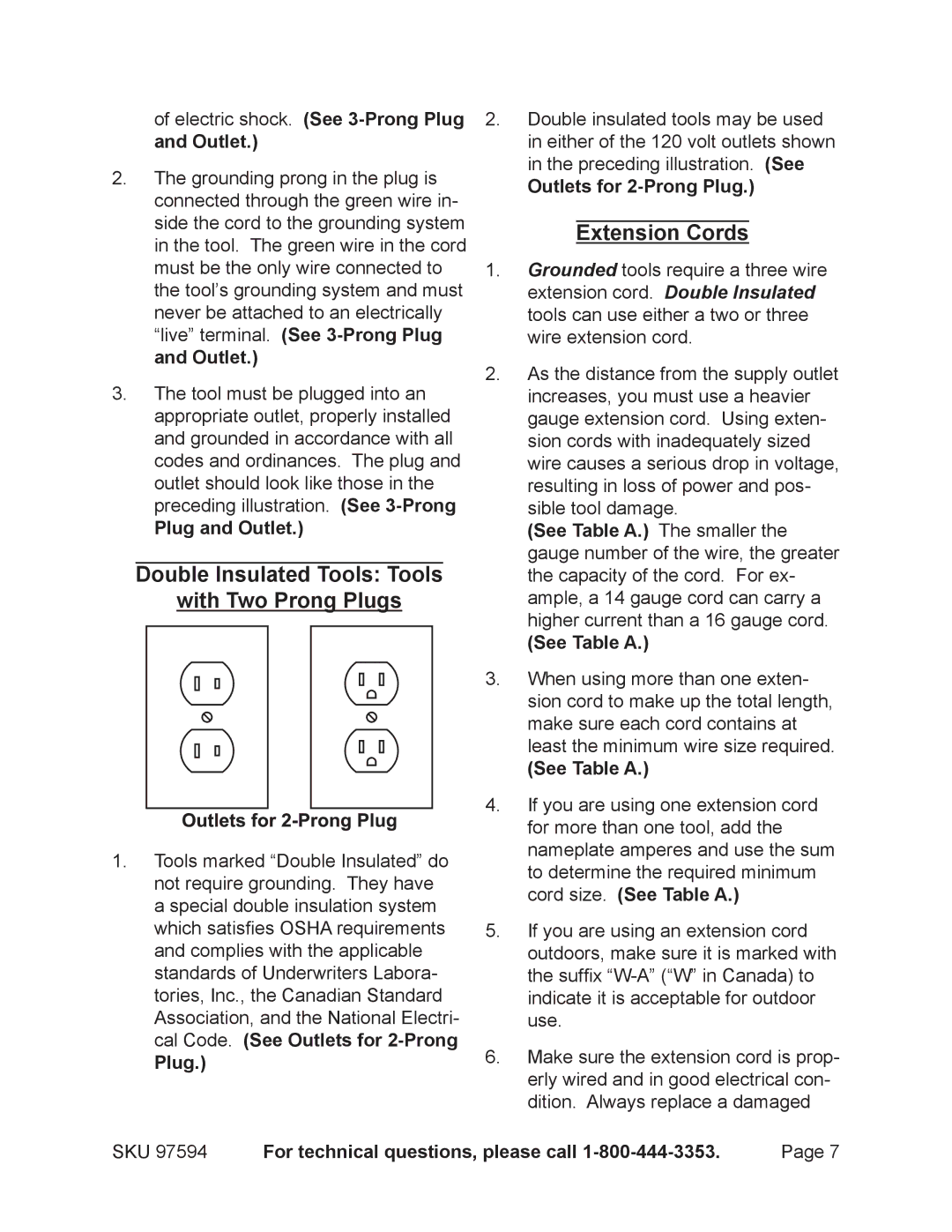 Chicago Electric 97594 operating instructions Double Insulated Tools Tools With Two Prong Plugs, Extension Cords 