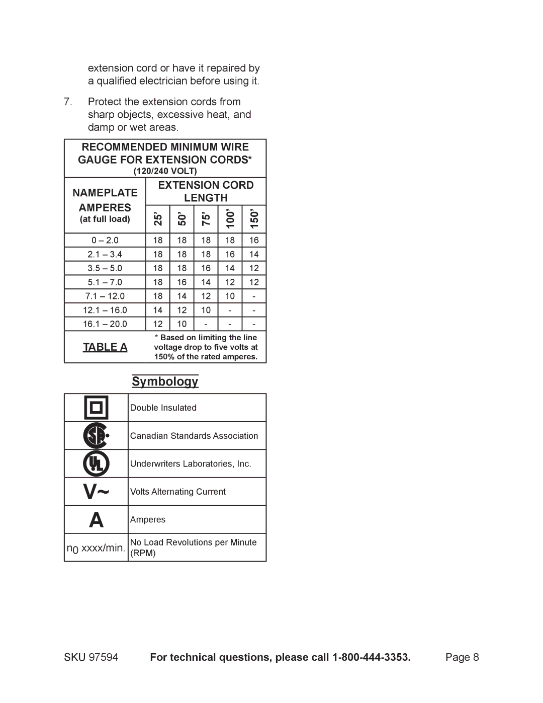 Chicago Electric 97594 operating instructions Symbology, Table a Extension Cord Length 