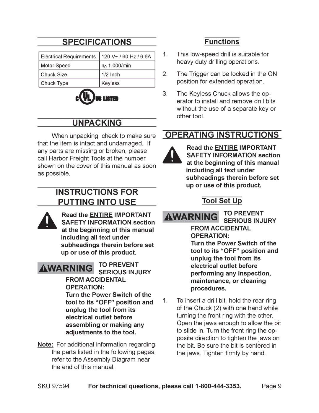 Chicago Electric 97594 SpecificationsFunctions, Unpacking, Instructions for putting into use, Operating Instructions 