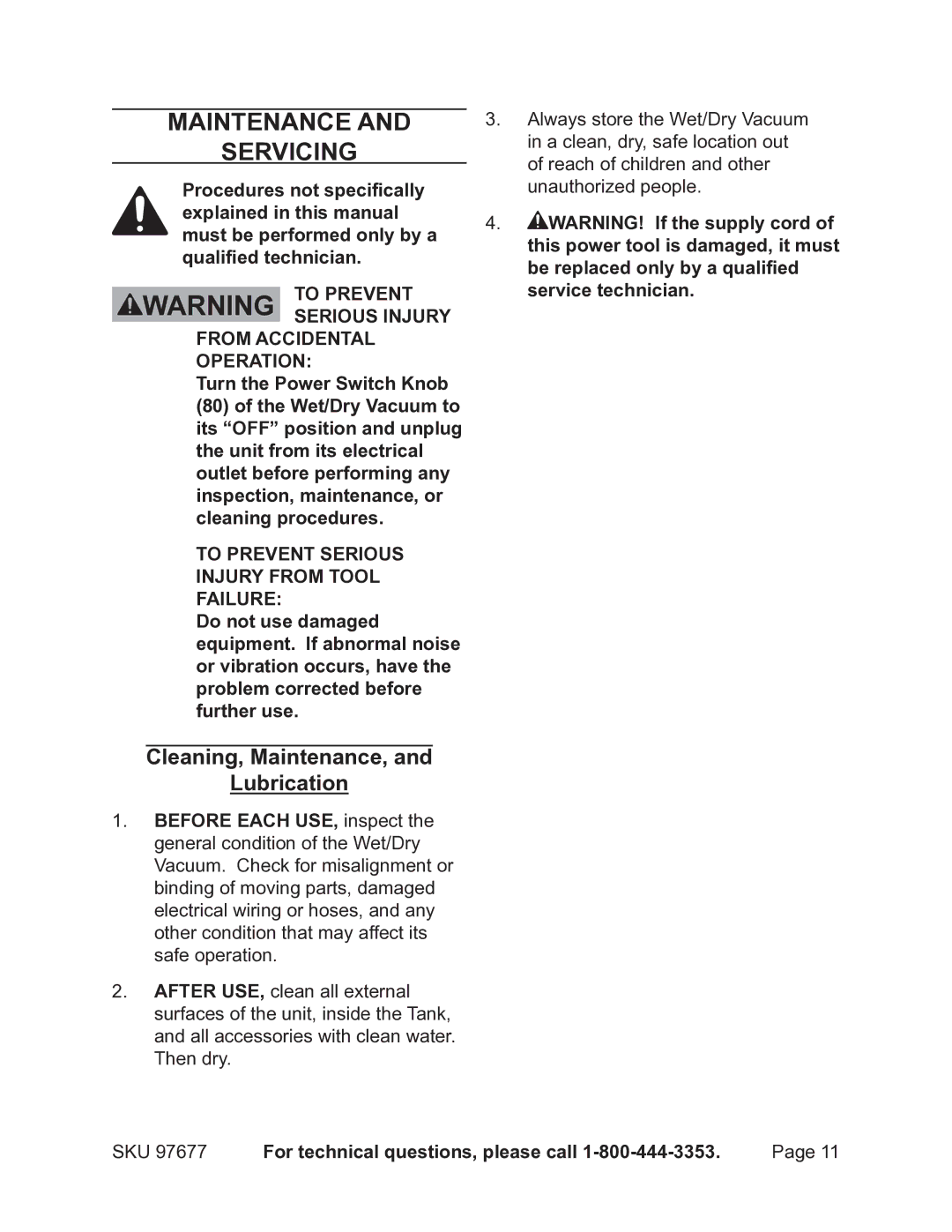 Chicago Electric 97677 Maintenance Servicing, Cleaning, Maintenance, Lubrication, SKU For technical questions, please call 