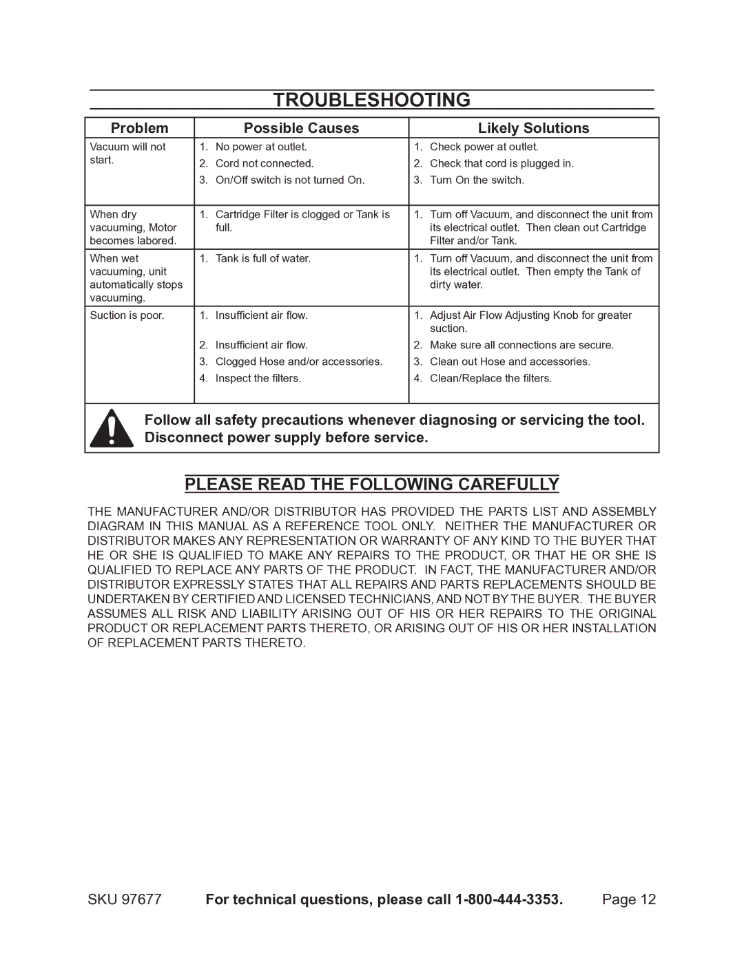 Chicago Electric 97677 manual Troubleshooting, Problem Possible Causes Likely Solutions 