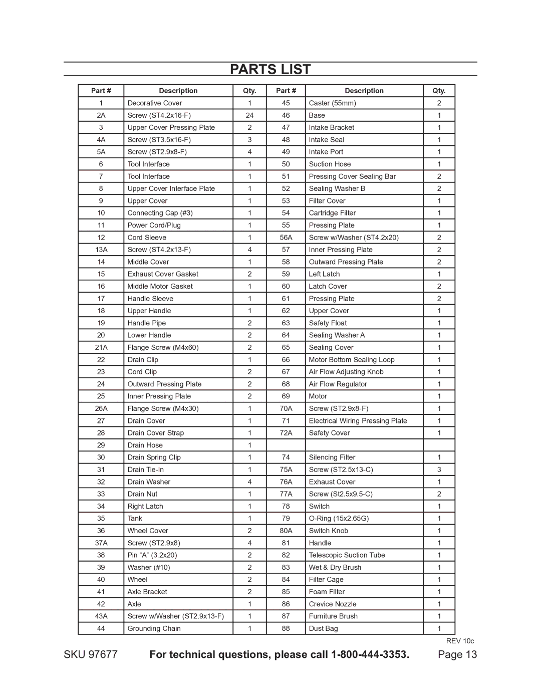 Chicago Electric 97677 manual Parts List 