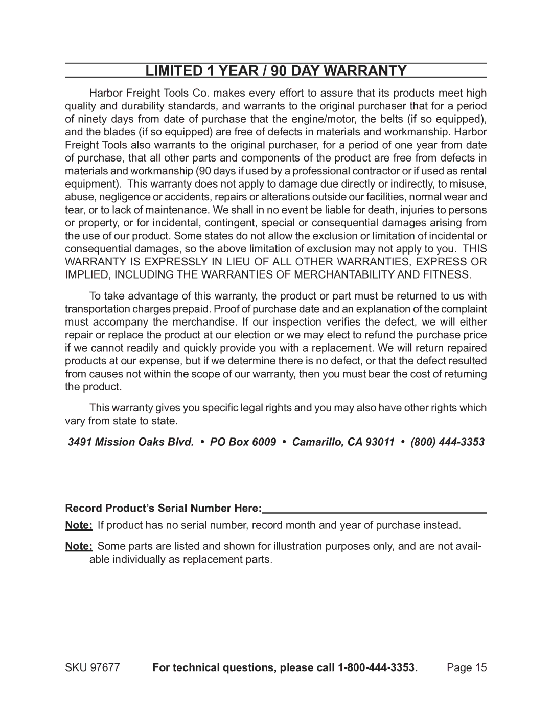 Chicago Electric 97677 manual Limited 1 year / 90 Day warranty, Record Product’s Serial Number Here 